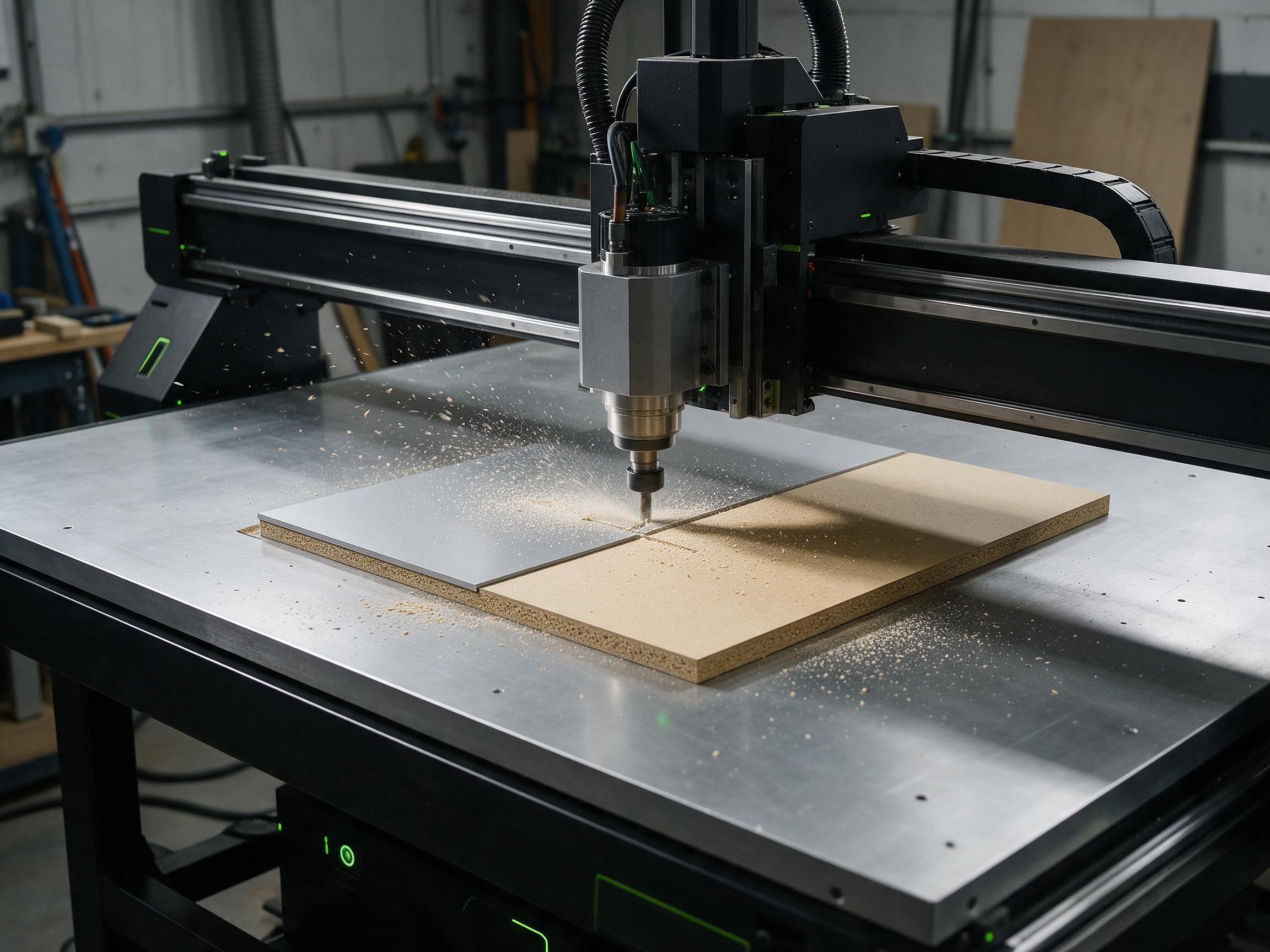 Router CNC usinando painel ACM, MDF e madeira — corte e usinagem 2D e 3D